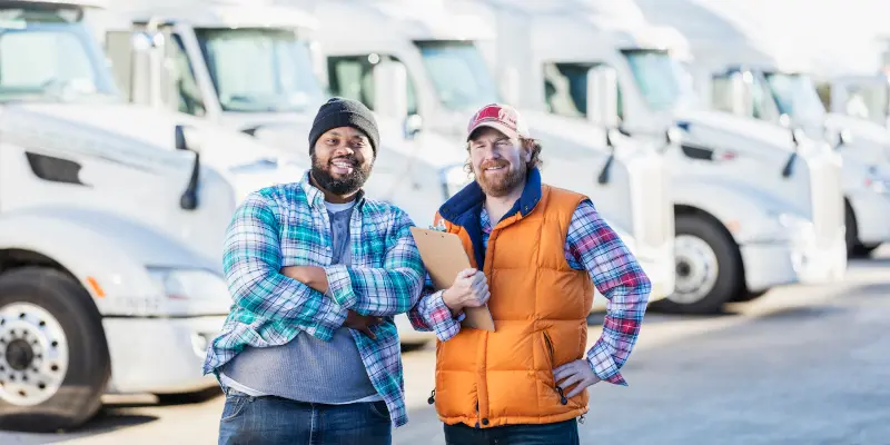 Two multi-ethnic men standing in front of a fleet of semi-trucks or tractor-trailers. The one holding the clipboard is a mature man in his 40s. The other is an African-American man in his 30s.